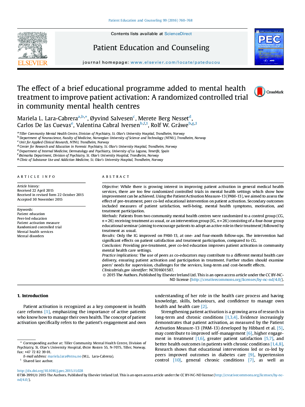 The effect of a brief educational programme added to mental health treatment to improve patient activation: A randomized controlled trial in community mental health centres