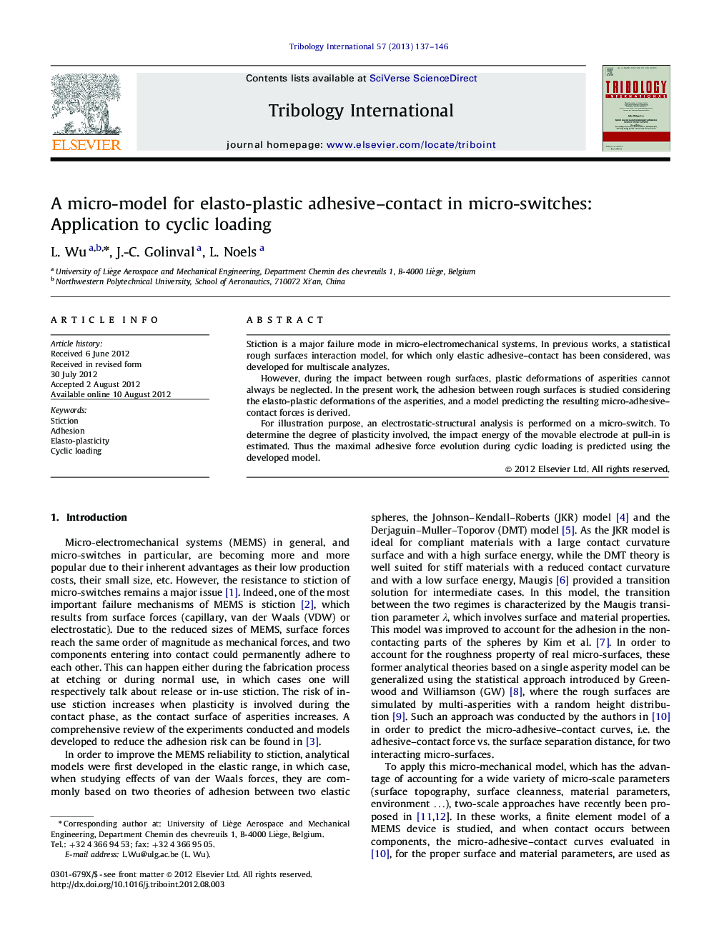 A micro-model for elasto-plastic adhesive–contact in micro-switches: Application to cyclic loading
