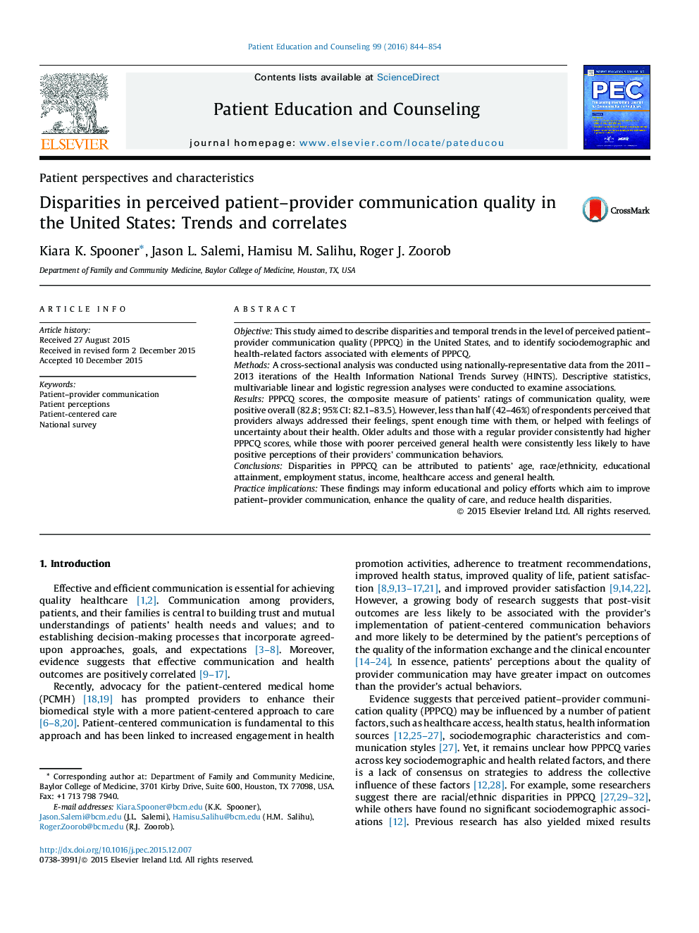 Disparities in perceived patient-provider communication quality in the United States: Trends and correlates