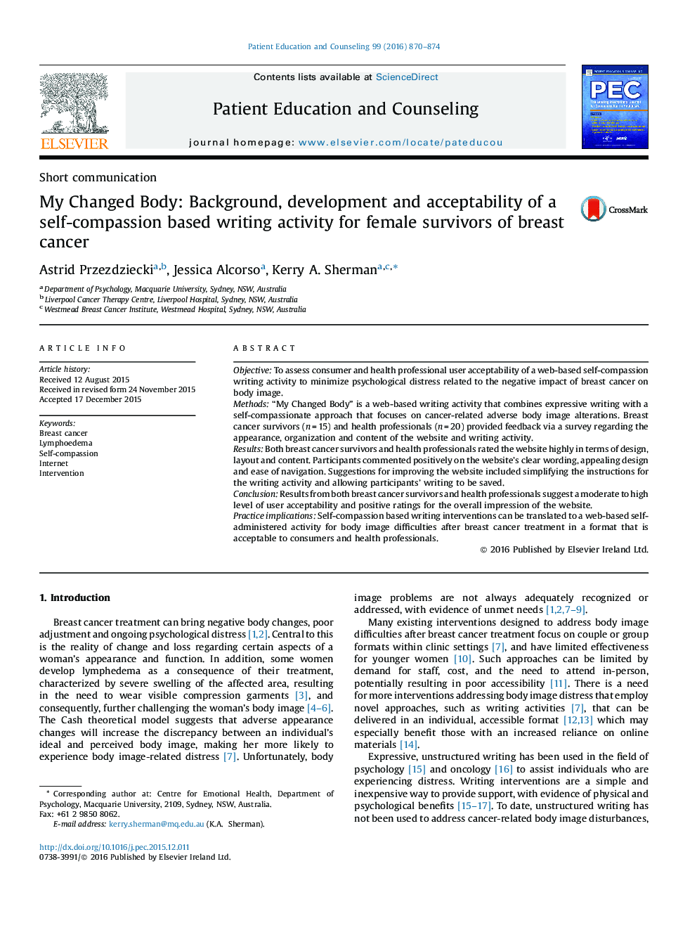My Changed Body: Background, development and acceptability of a self-compassion based writing activity for female survivors of breast cancer