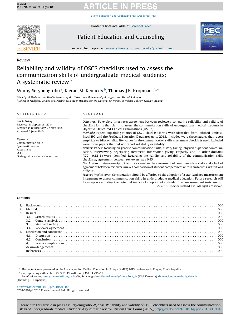 Reliability and validity of OSCE checklists used to assess the communication skills of undergraduate medical students: A systematic review