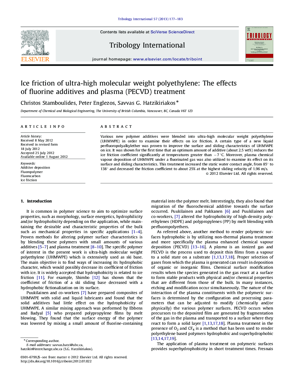 Ice friction of ultra-high molecular weight polyethylene: The effects of fluorine additives and plasma (PECVD) treatment