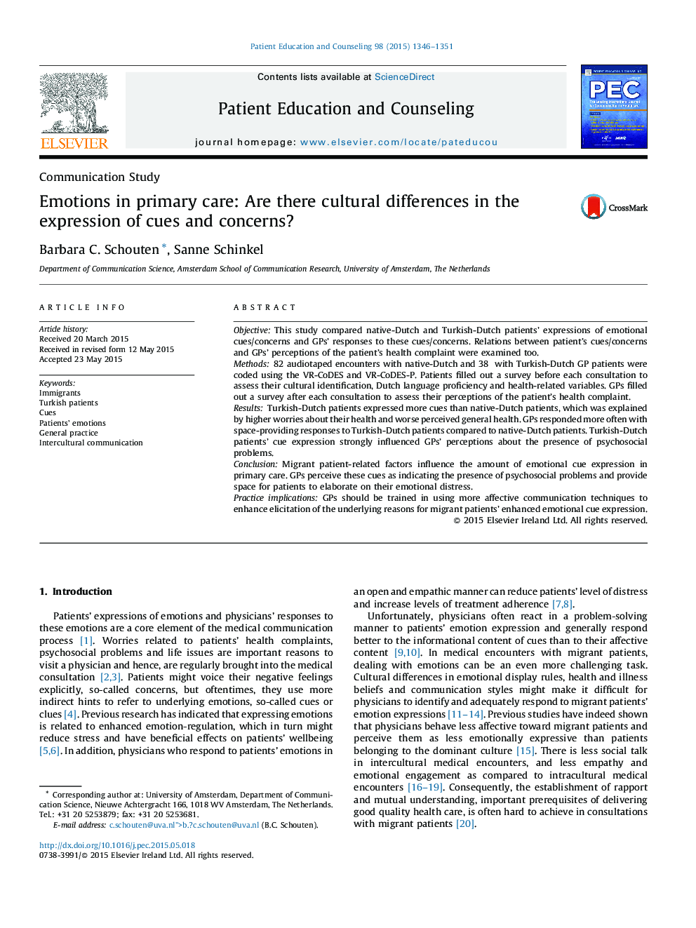 Emotions in primary care: Are there cultural differences in the expression of cues and concerns?