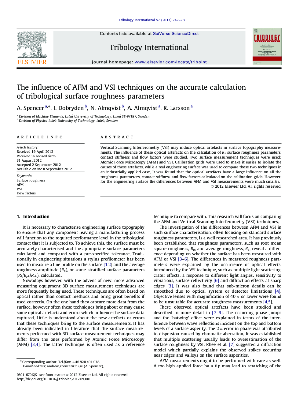 The influence of AFM and VSI techniques on the accurate calculation of tribological surface roughness parameters