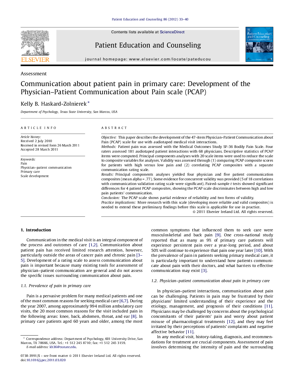 Communication about patient pain in primary care: Development of the Physician-Patient Communication about Pain scale (PCAP)