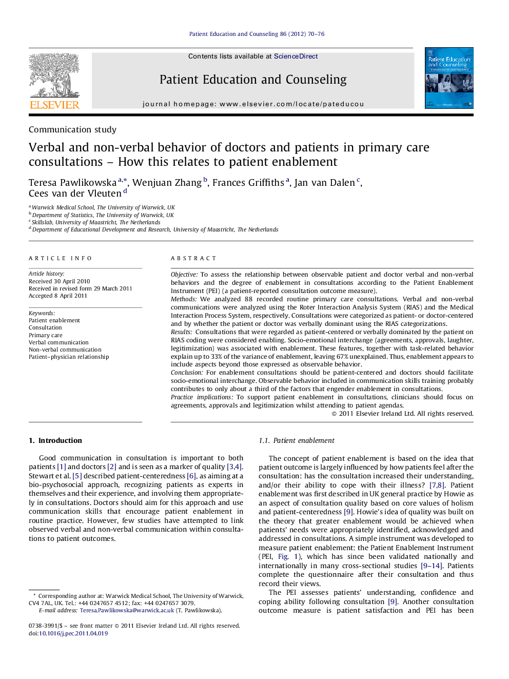 Verbal and non-verbal behavior of doctors and patients in primary care consultations - How this relates to patient enablement