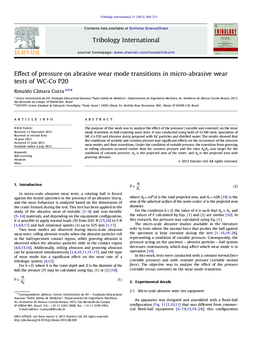 Effect of pressure on abrasive wear mode transitions in micro-abrasive wear tests of WC-Co P20