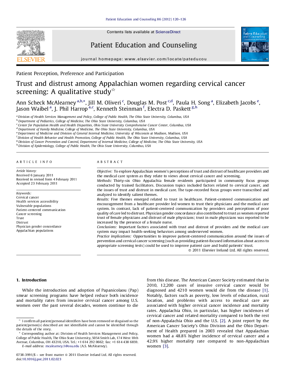 Trust and distrust among Appalachian women regarding cervical cancer screening: A qualitative study