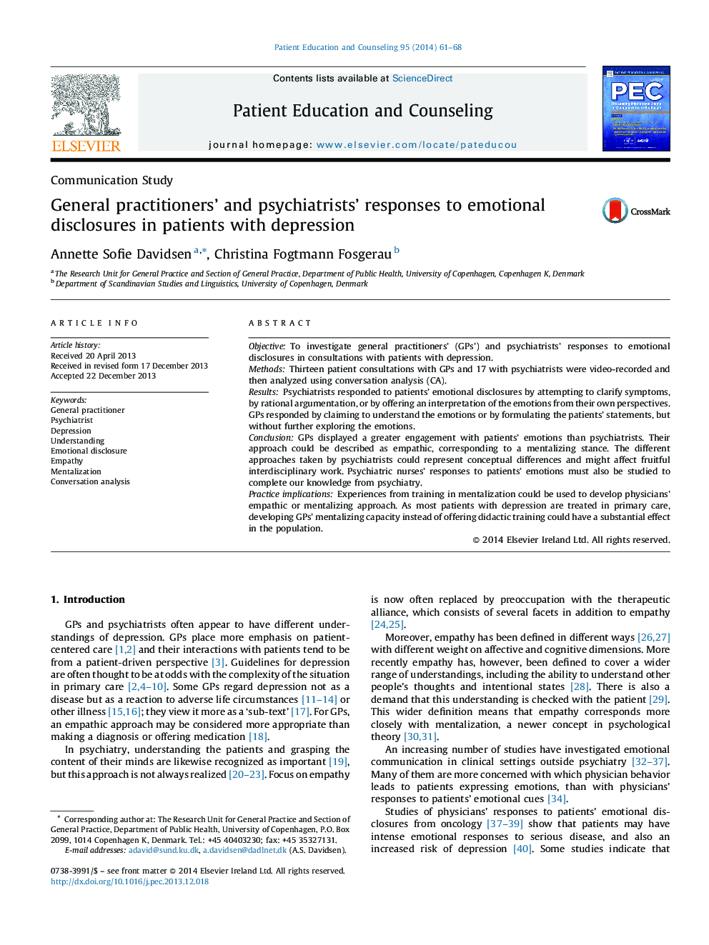 General practitioners' and psychiatrists' responses to emotional disclosures in patients with depression