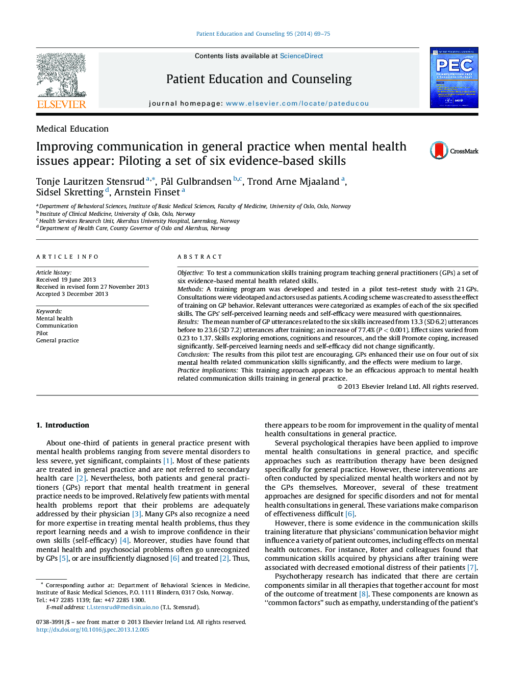 Improving communication in general practice when mental health issues appear: Piloting a set of six evidence-based skills