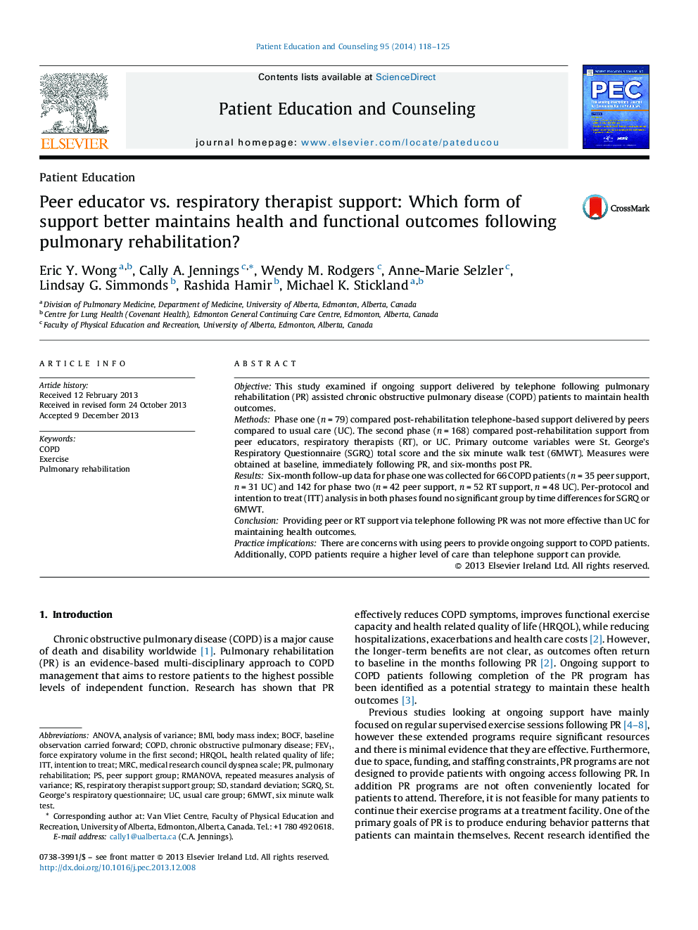 Peer educator vs. respiratory therapist support: Which form of support better maintains health and functional outcomes following pulmonary rehabilitation?