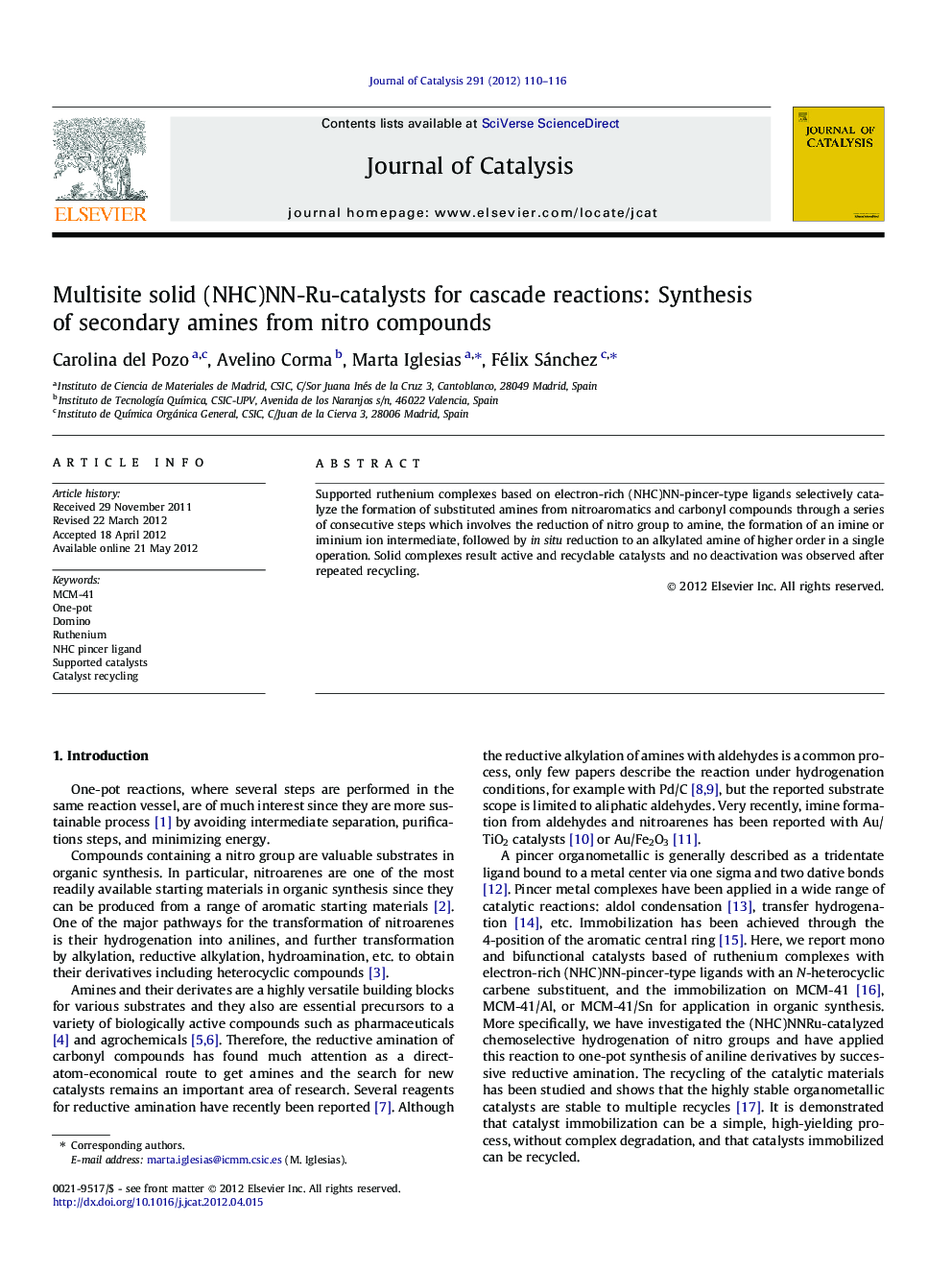 Multisite solid (NHC)NN-Ru-catalysts for cascade reactions: Synthesis of secondary amines from nitro compounds