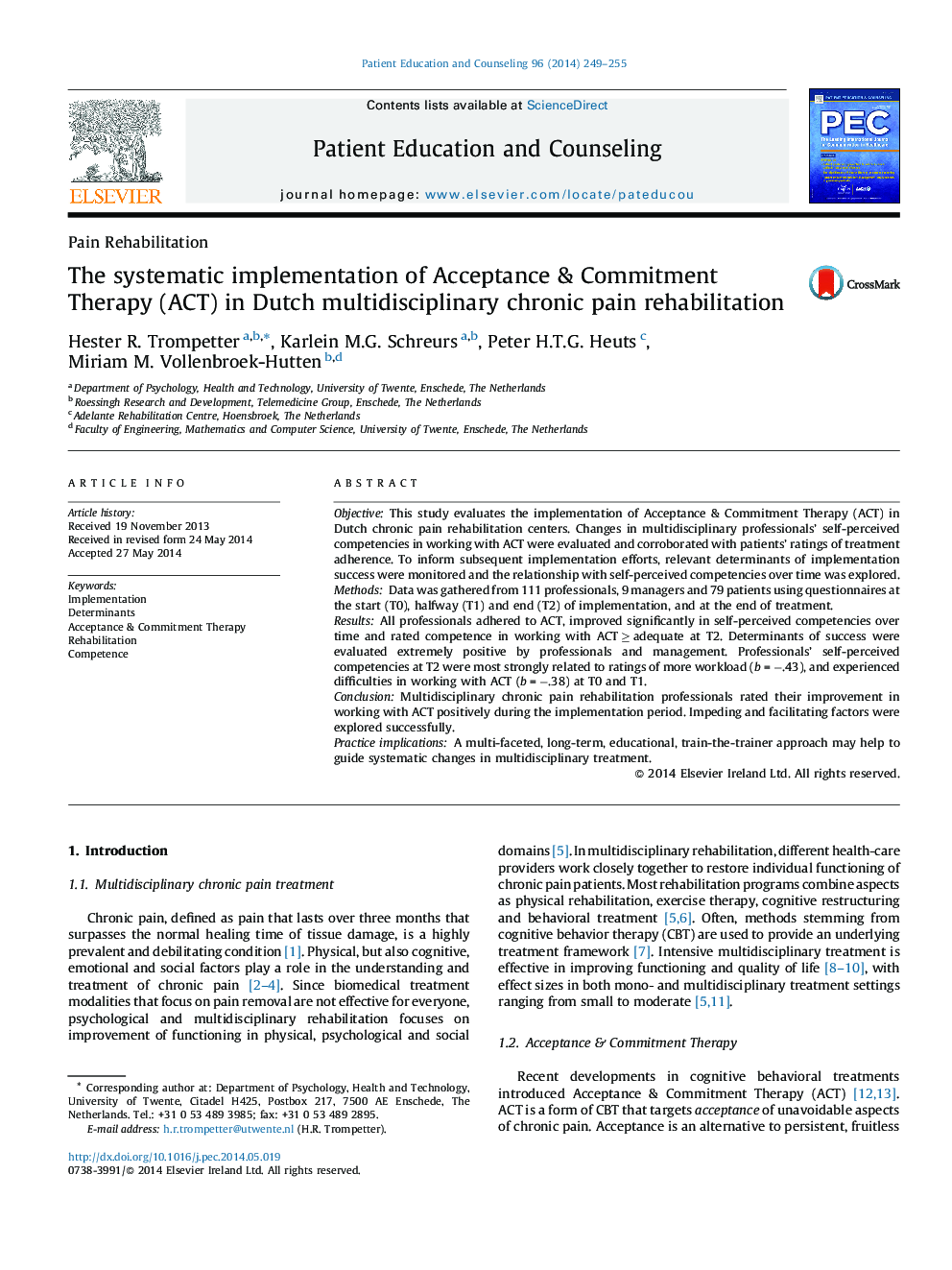 The systematic implementation of Acceptance & Commitment Therapy (ACT) in Dutch multidisciplinary chronic pain rehabilitation