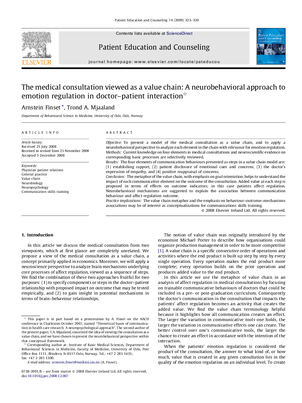 The medical consultation viewed as a value chain: A neurobehavioral approach to emotion regulation in doctor-patient interaction