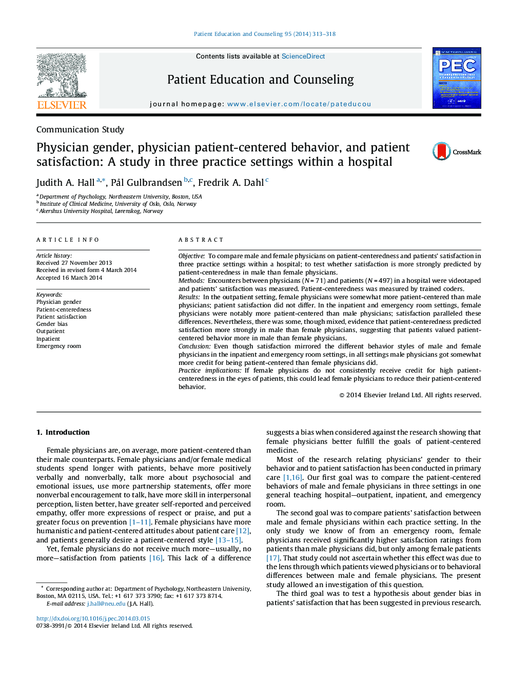 Physician gender, physician patient-centered behavior, and patient satisfaction: A study in three practice settings within a hospital