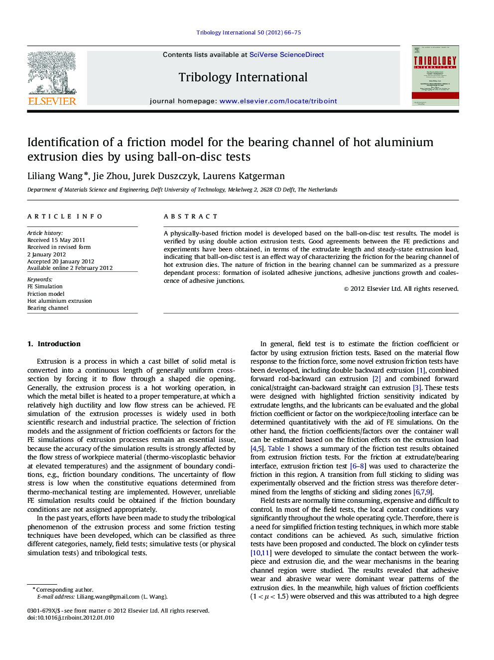 Identification of a friction model for the bearing channel of hot aluminium extrusion dies by using ball-on-disc tests