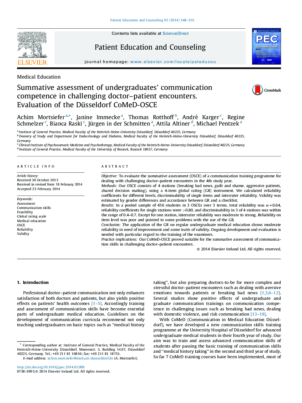 Summative assessment of undergraduates' communication competence in challenging doctor-patient encounters. Evaluation of the Düsseldorf CoMeD-OSCE