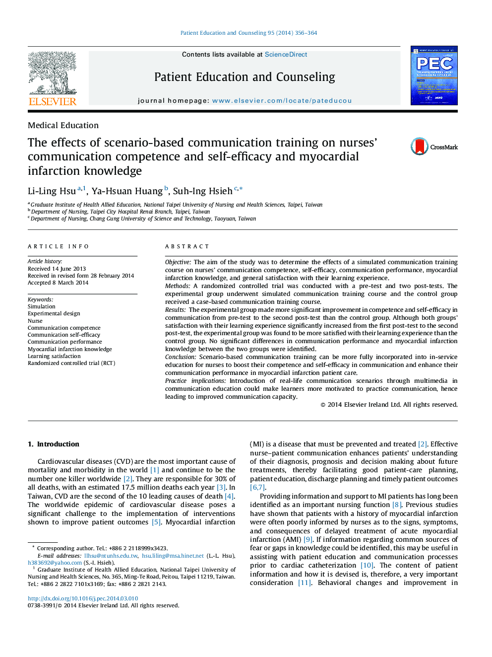 The effects of scenario-based communication training on nurses' communication competence and self-efficacy and myocardial infarction knowledge