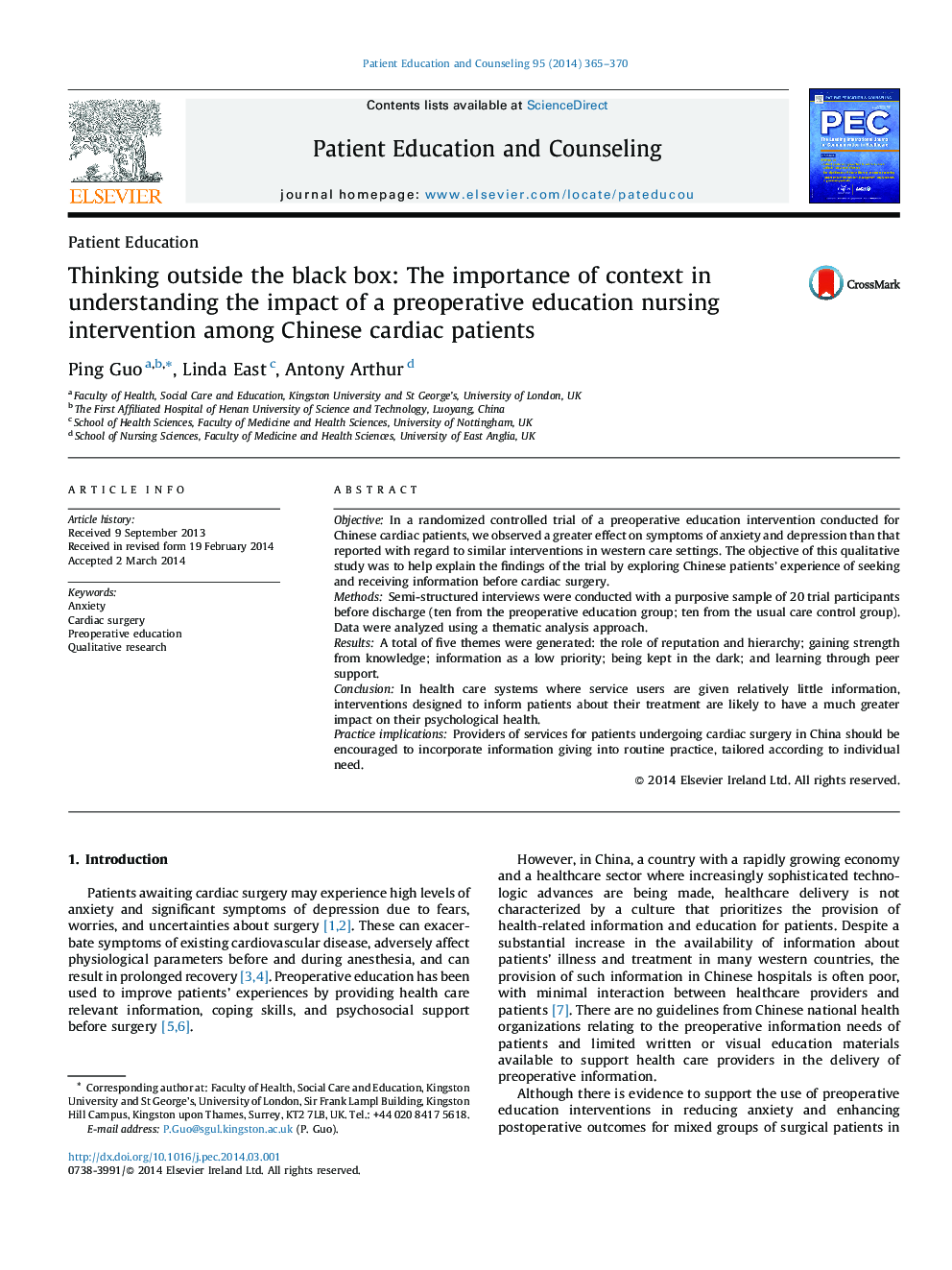Thinking outside the black box: The importance of context in understanding the impact of a preoperative education nursing intervention among Chinese cardiac patients