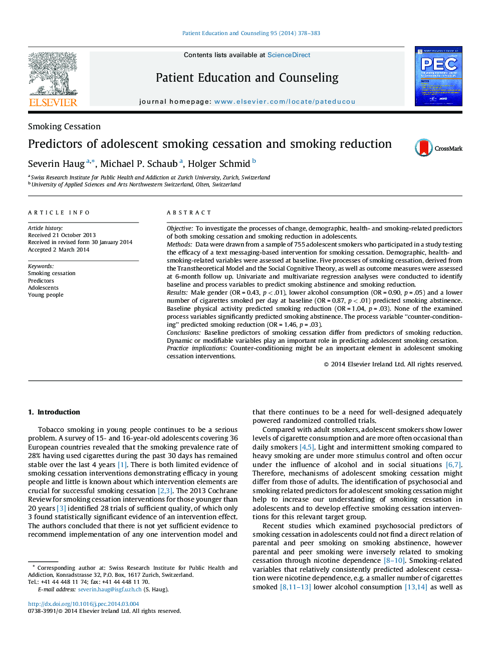 Predictors of adolescent smoking cessation and smoking reduction