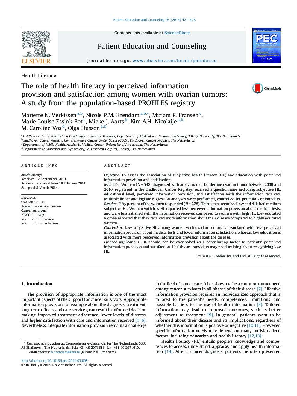 The role of health literacy in perceived information provision and satisfaction among women with ovarian tumors: A study from the population-based PROFILES registry