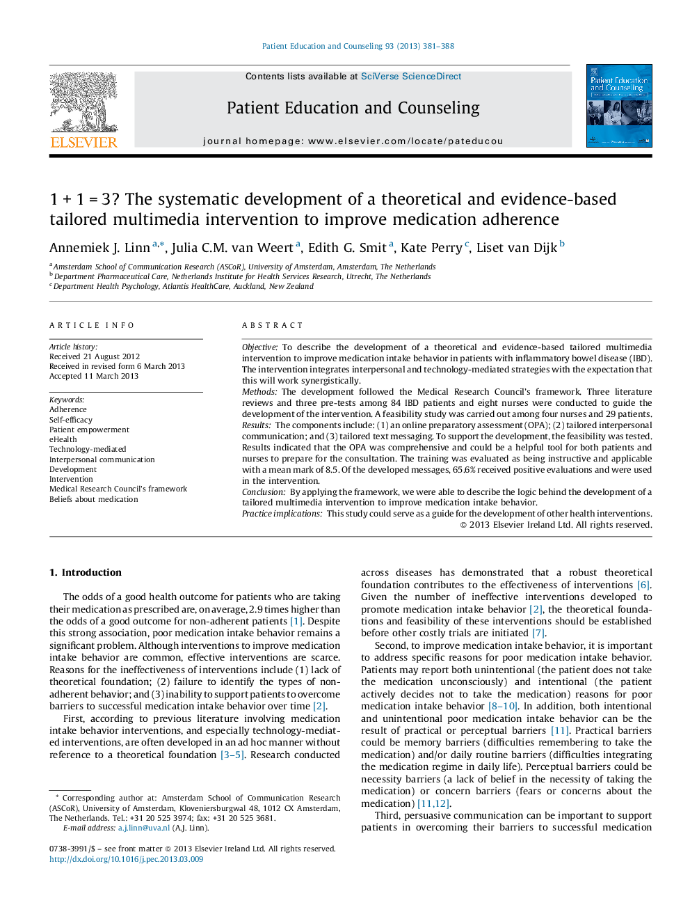 1Â +Â 1Â =Â 3? The systematic development of a theoretical and evidence-based tailored multimedia intervention to improve medication adherence