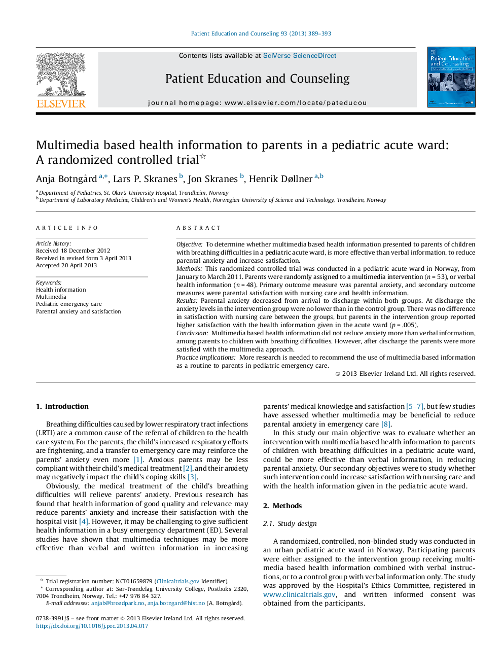 Multimedia based health information to parents in a pediatric acute ward: A randomized controlled trial