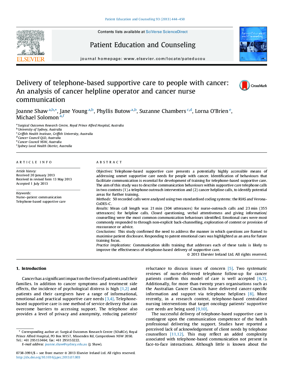 Delivery of telephone-based supportive care to people with cancer: An analysis of cancer helpline operator and cancer nurse communication