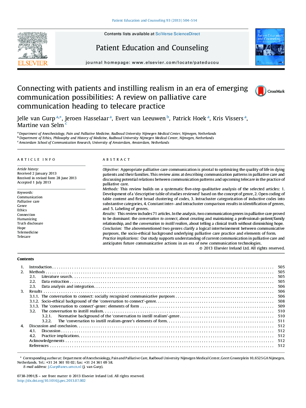 Connecting with patients and instilling realism in an era of emerging communication possibilities: A review on palliative care communication heading to telecare practice