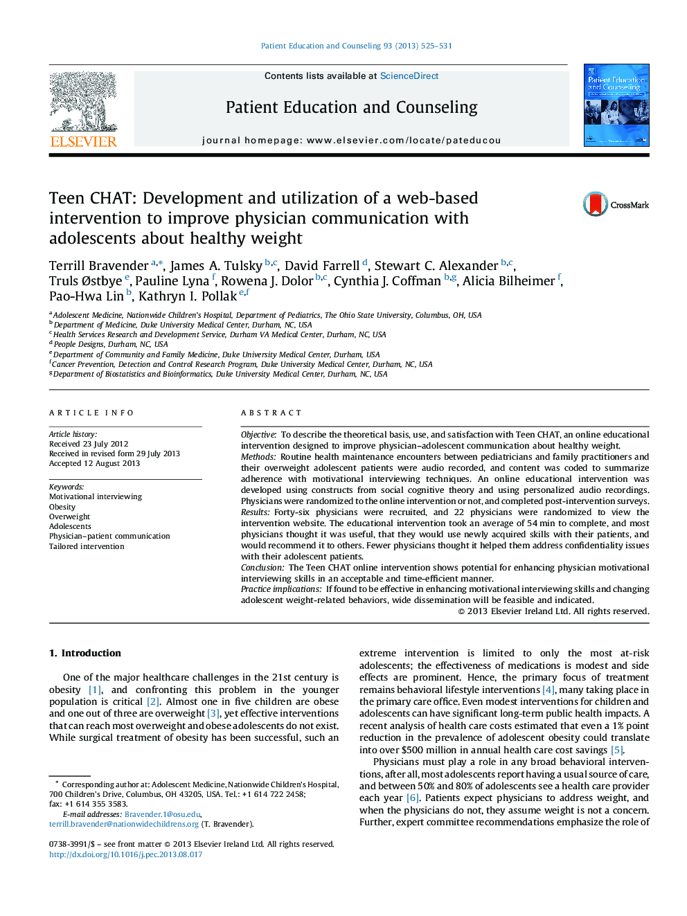 Teen CHAT: Development and utilization of a web-based intervention to improve physician communication with adolescents about healthy weight