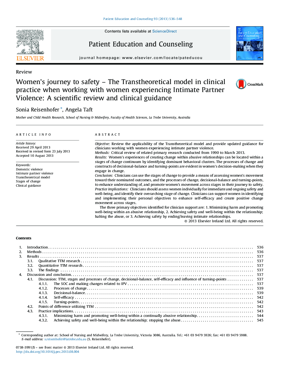 Women's journey to safety - The Transtheoretical model in clinical practice when working with women experiencing Intimate Partner Violence: A scientific review and clinical guidance