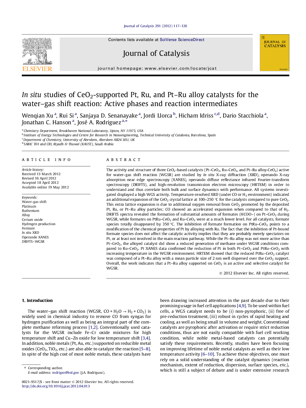 In situ studies of CeO2-supported Pt, Ru, and Pt–Ru alloy catalysts for the water–gas shift reaction: Active phases and reaction intermediates