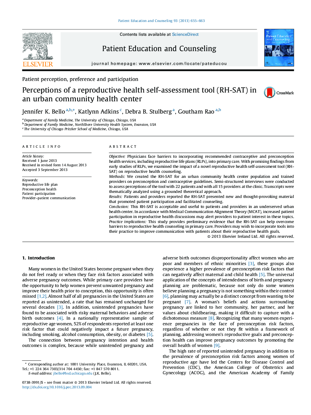 Perceptions of a reproductive health self-assessment tool (RH-SAT) in an urban community health center