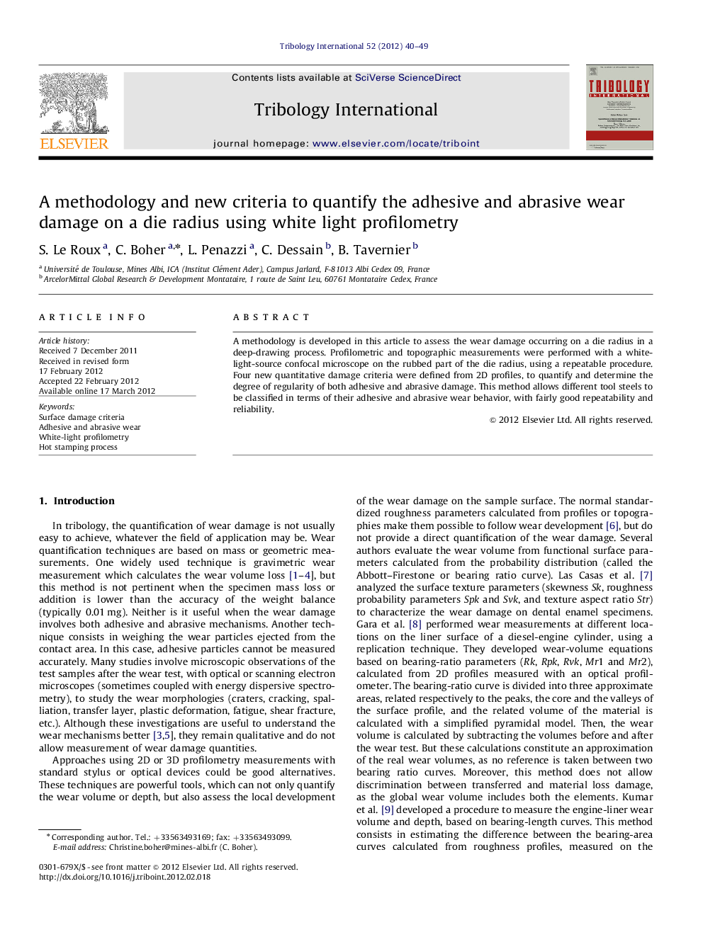 A methodology and new criteria to quantify the adhesive and abrasive wear damage on a die radius using white light profilometry