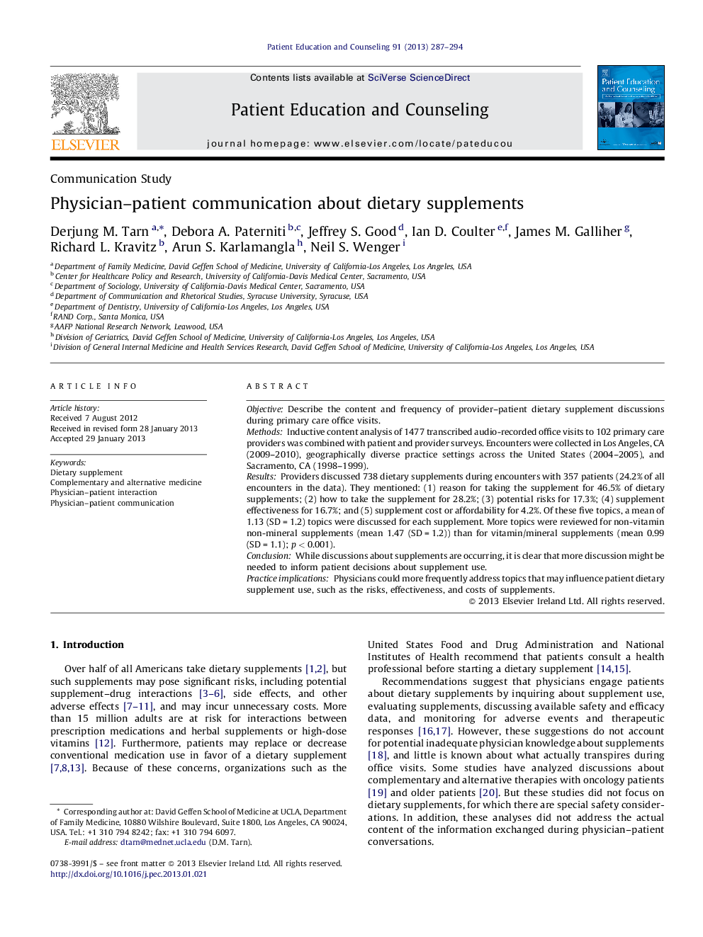 Physician-patient communication about dietary supplements