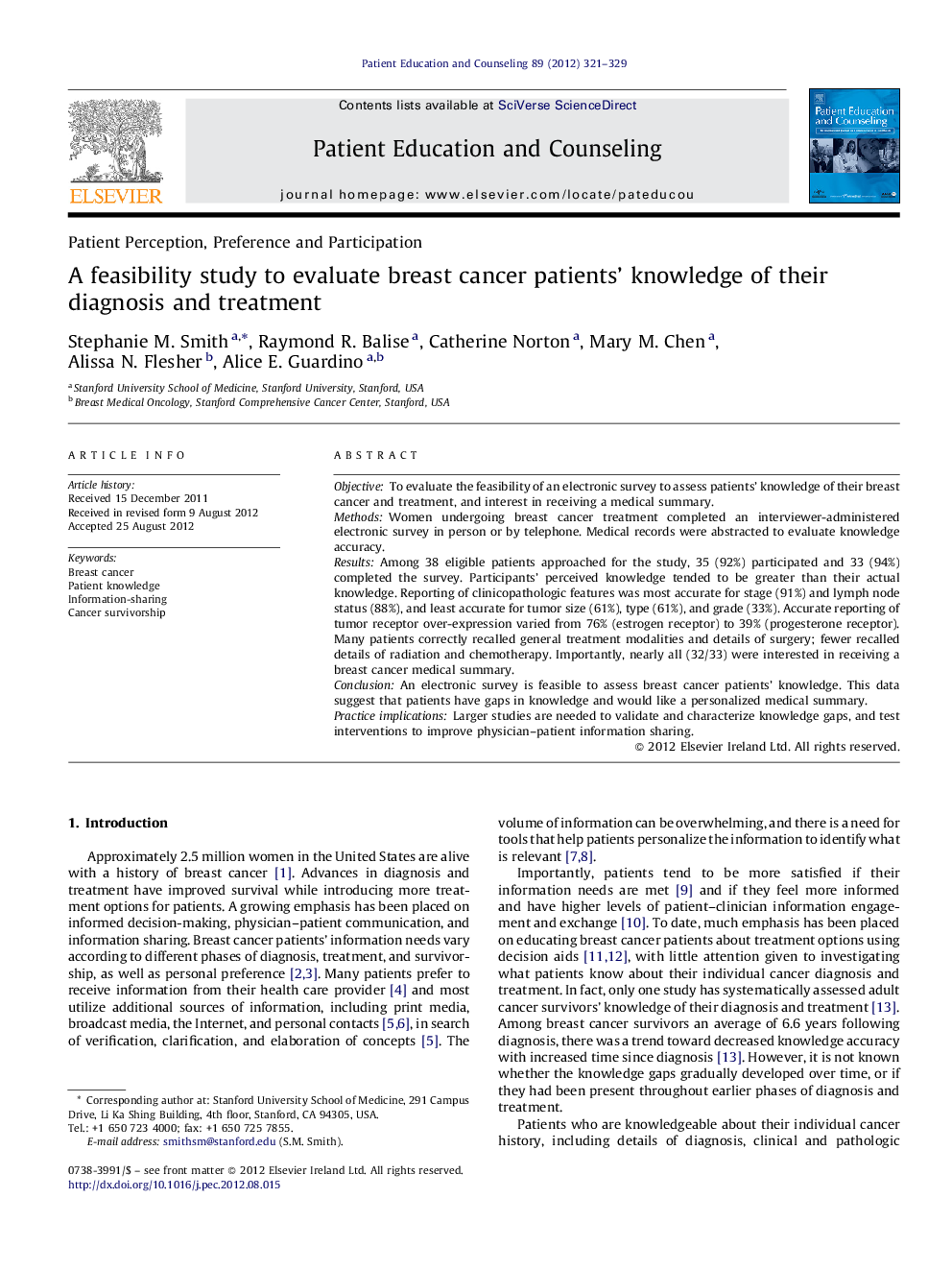 A feasibility study to evaluate breast cancer patients' knowledge of their diagnosis and treatment