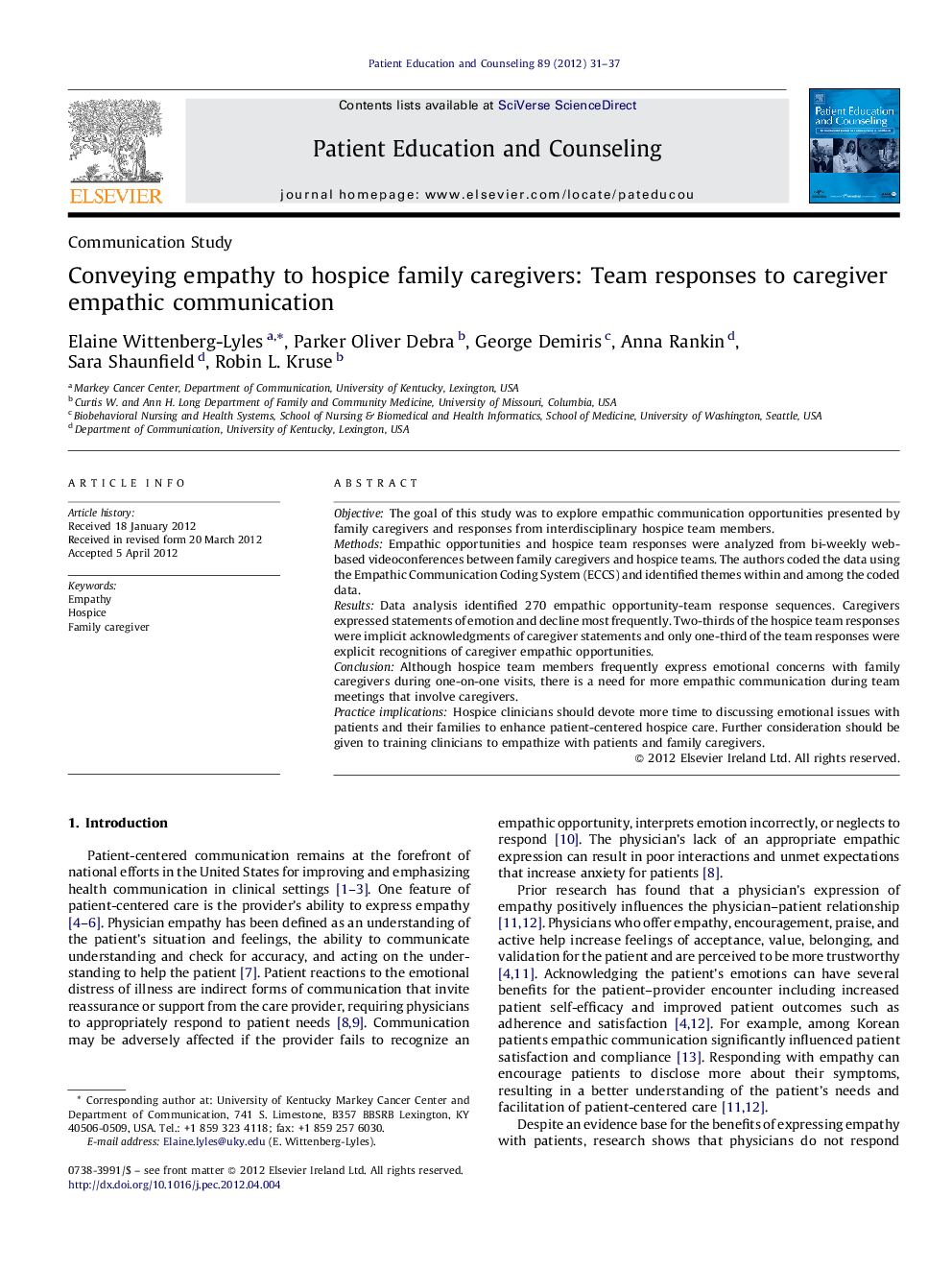 Conveying empathy to hospice family caregivers: Team responses to caregiver empathic communication