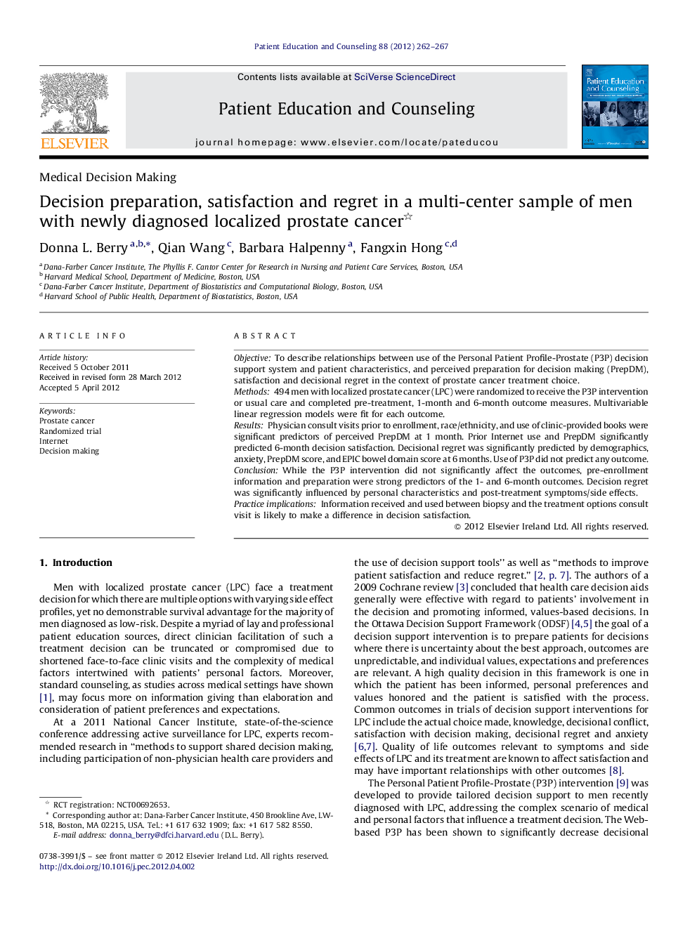 Decision preparation, satisfaction and regret in a multi-center sample of men with newly diagnosed localized prostate cancer