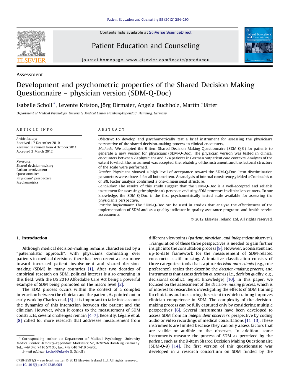 Development and psychometric properties of the Shared Decision Making Questionnaire - physician version (SDM-Q-Doc)