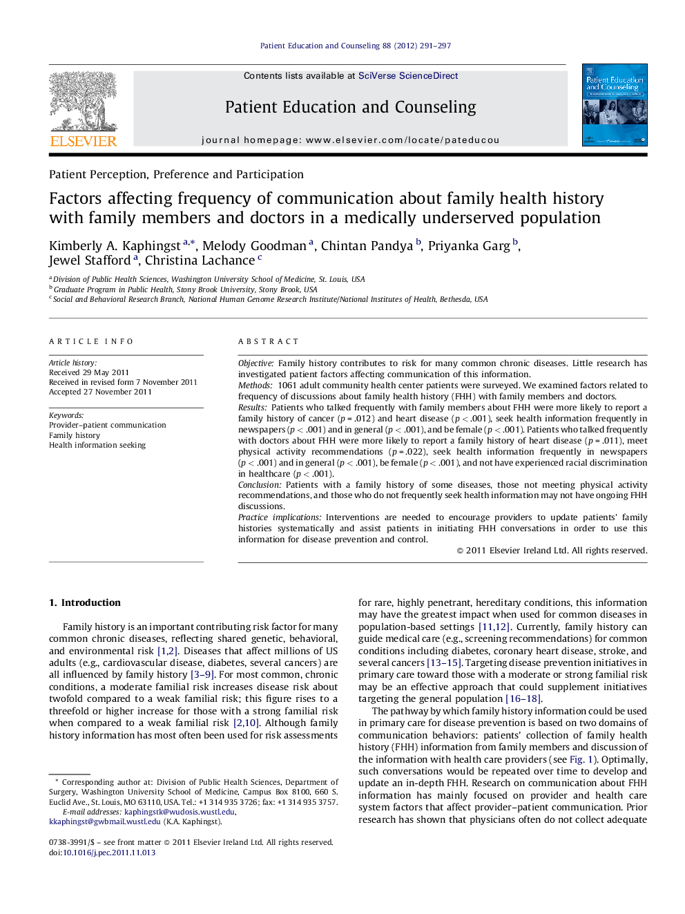 Factors affecting frequency of communication about family health history with family members and doctors in a medically underserved population