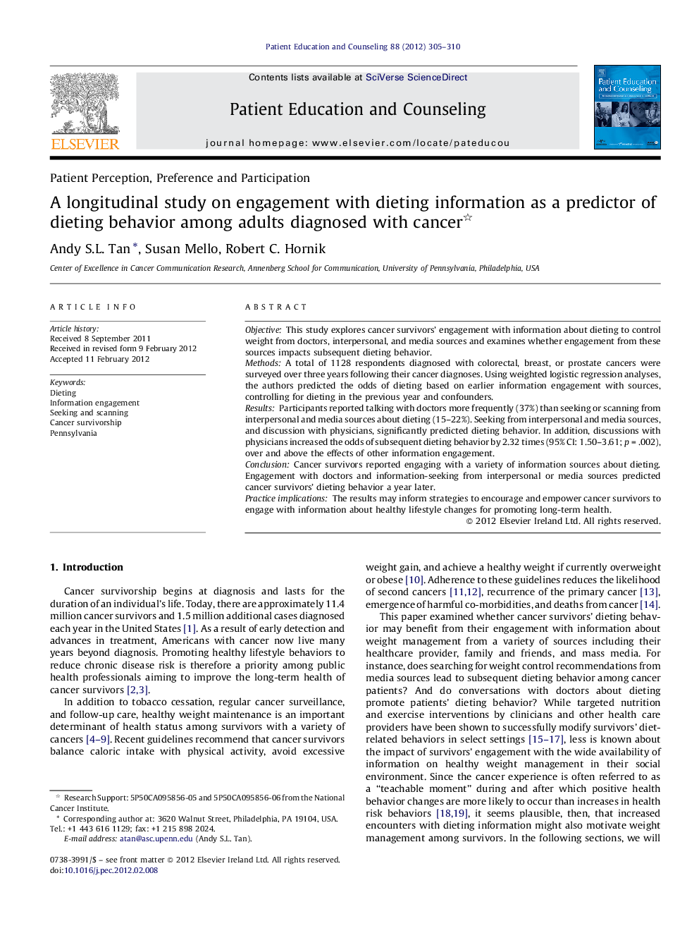 A longitudinal study on engagement with dieting information as a predictor of dieting behavior among adults diagnosed with cancer