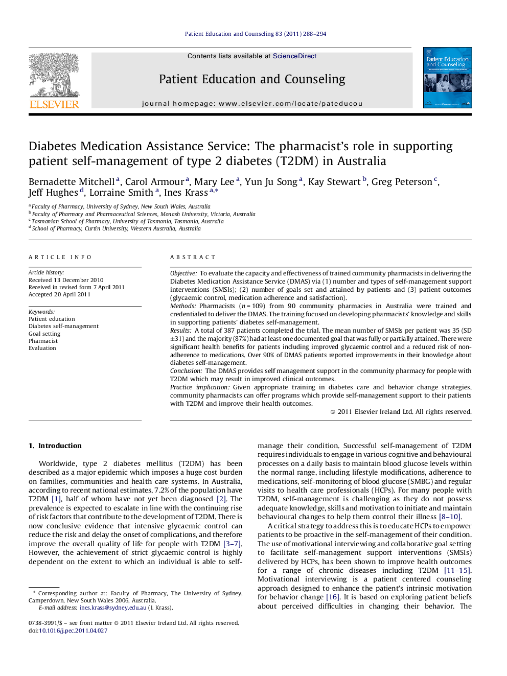 Diabetes Medication Assistance Service: The pharmacist's role in supporting patient self-management of type 2 diabetes (T2DM) in Australia