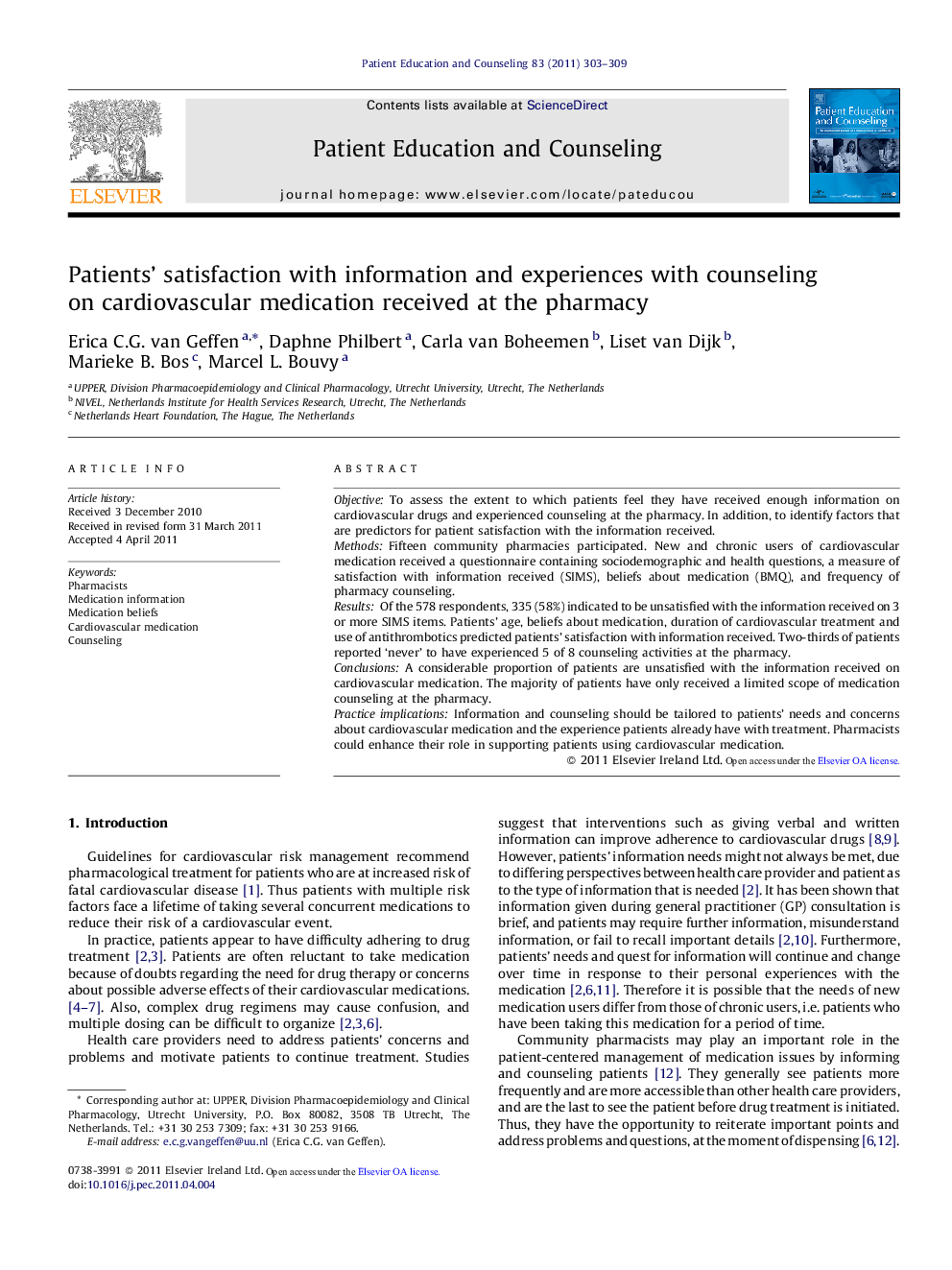 Patients' satisfaction with information and experiences with counseling on cardiovascular medication received at the pharmacy