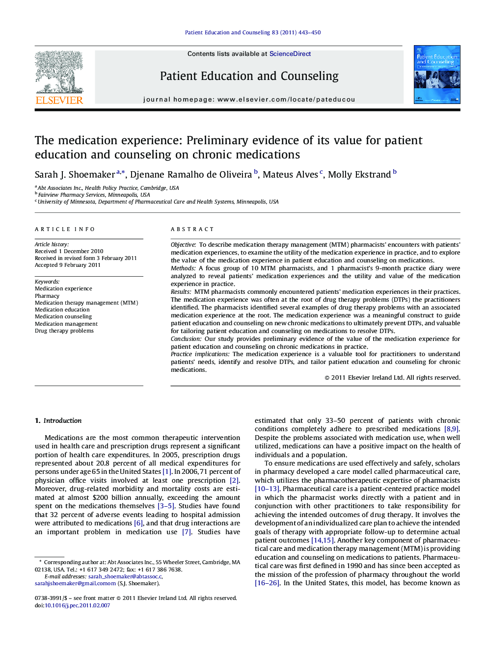 The medication experience: Preliminary evidence of its value for patient education and counseling on chronic medications