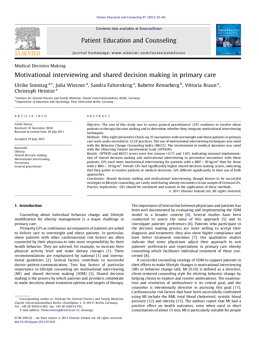 Motivational interviewing and shared decision making in primary care