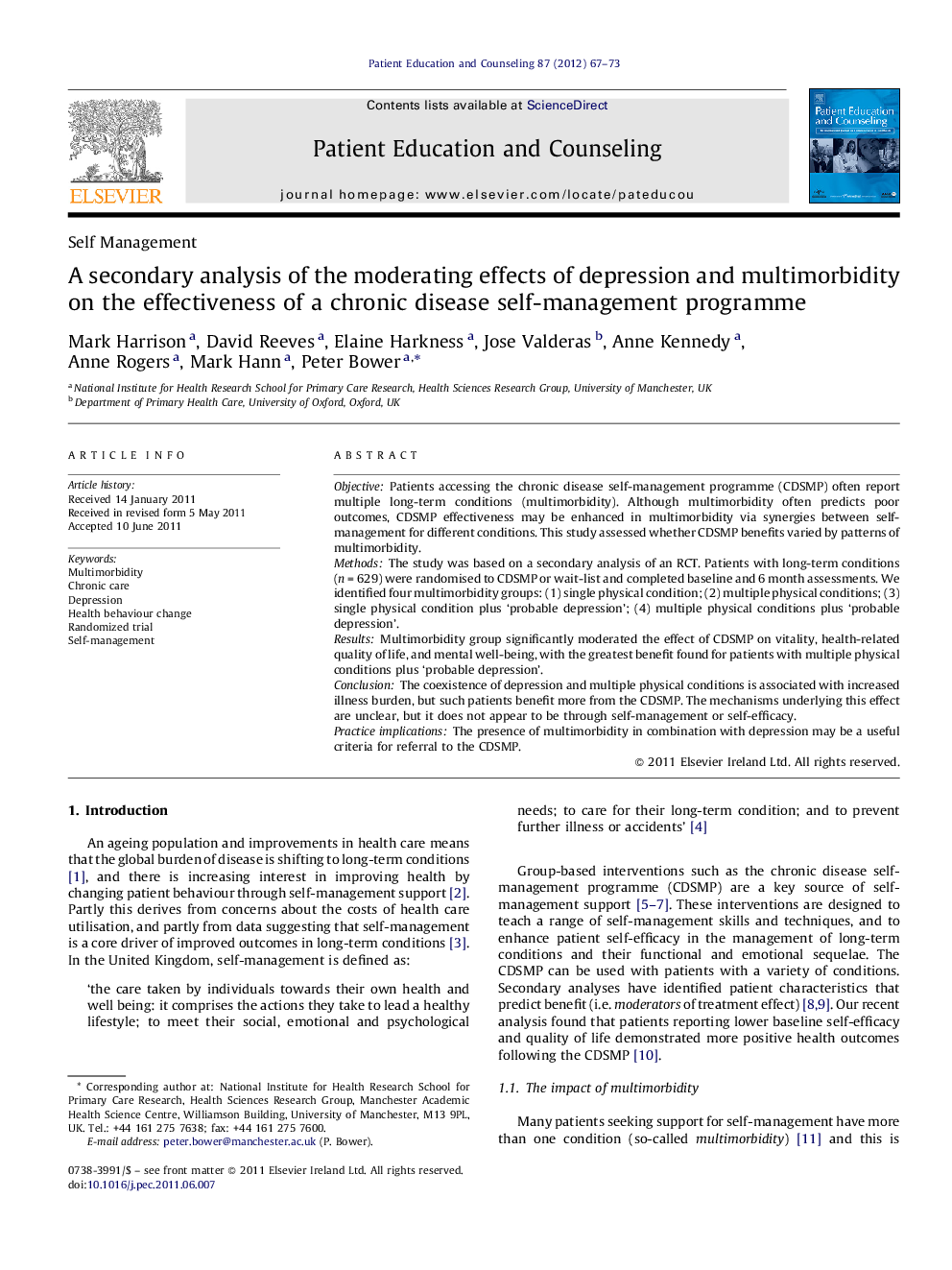 A secondary analysis of the moderating effects of depression and multimorbidity on the effectiveness of a chronic disease self-management programme