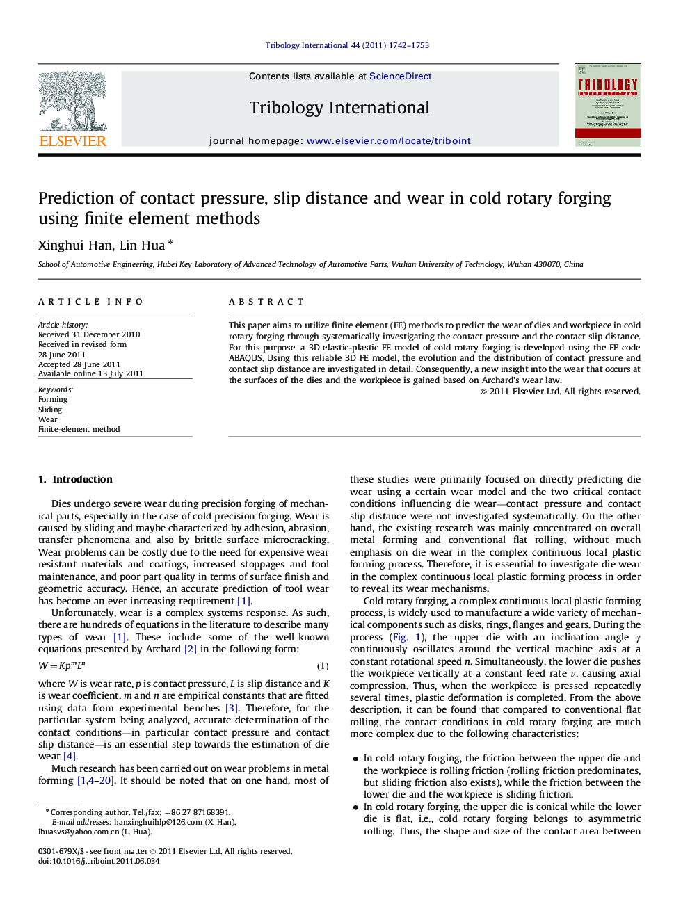 Prediction of contact pressure, slip distance and wear in cold rotary forging using finite element methods