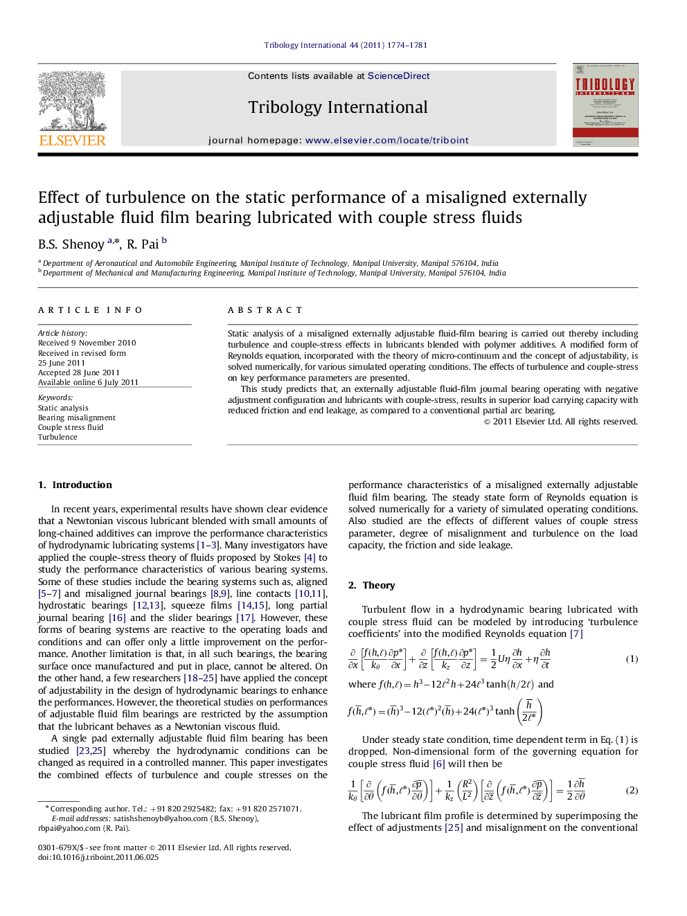 Effect of turbulence on the static performance of a misaligned externally adjustable fluid film bearing lubricated with couple stress fluids