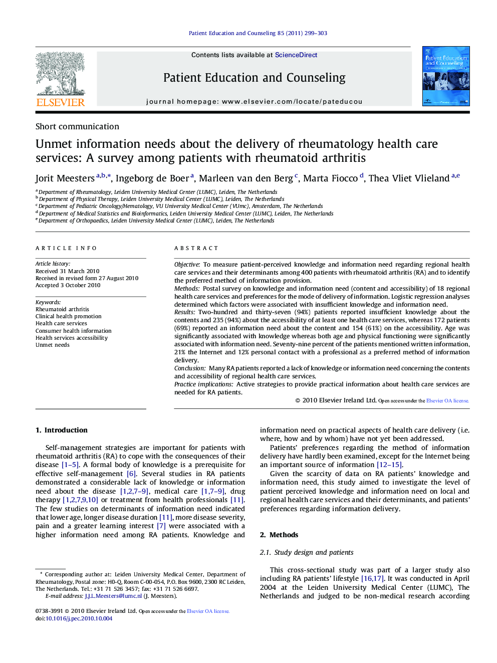 Unmet information needs about the delivery of rheumatology health care services: A survey among patients with rheumatoid arthritis