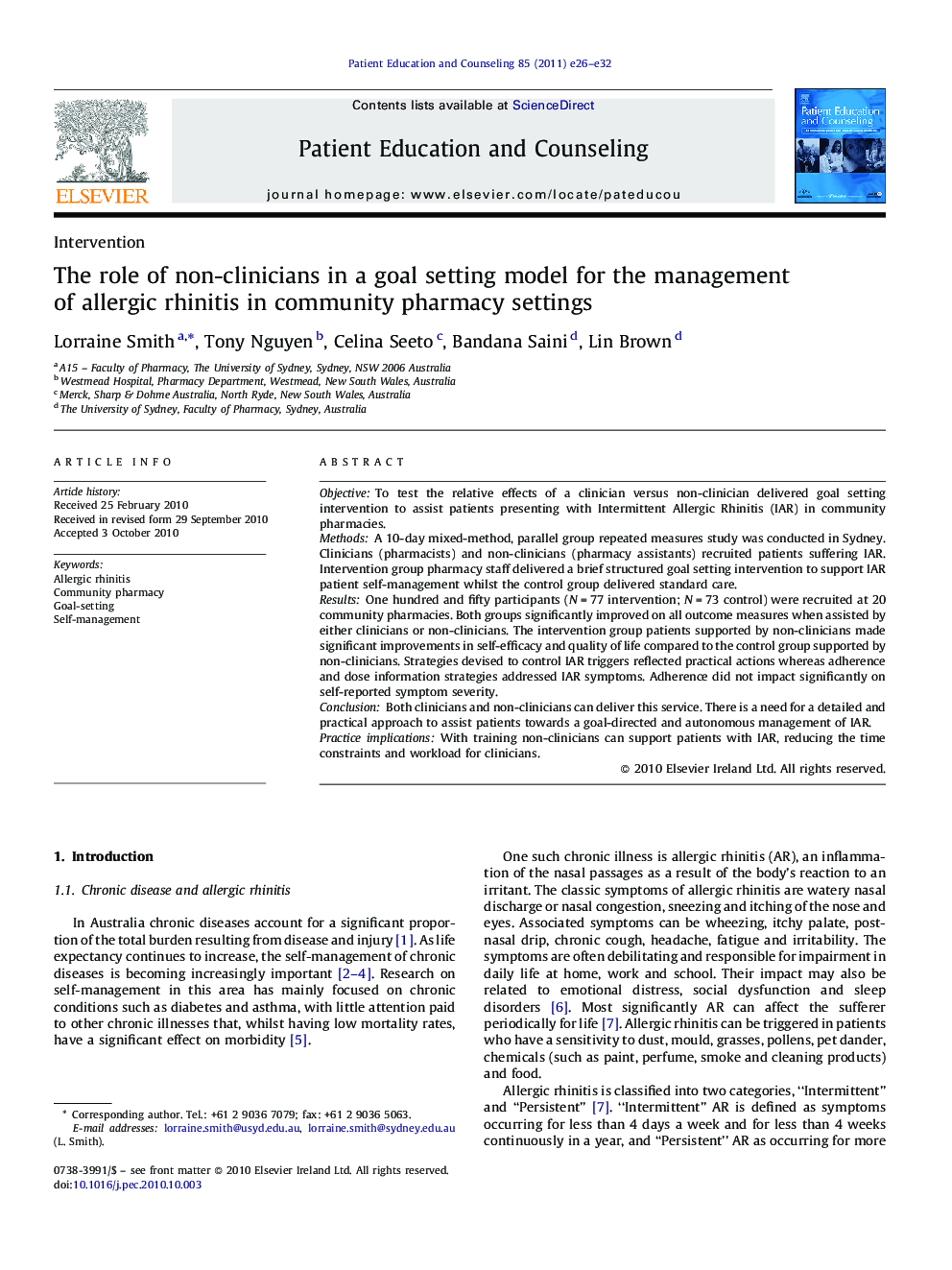 The role of non-clinicians in a goal setting model for the management of allergic rhinitis in community pharmacy settings